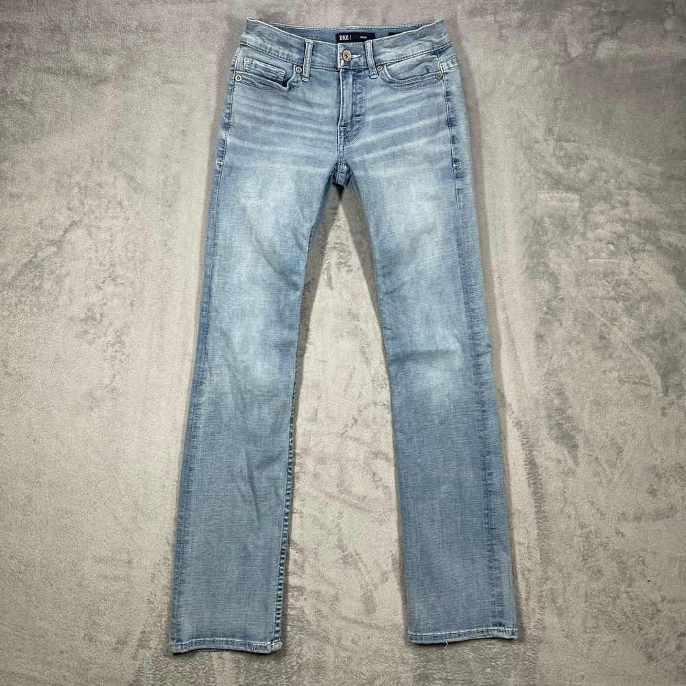 BKE Aiden Jeans Mens 27x34(33) Light Wash Slim Straight Embroidered Coolmax